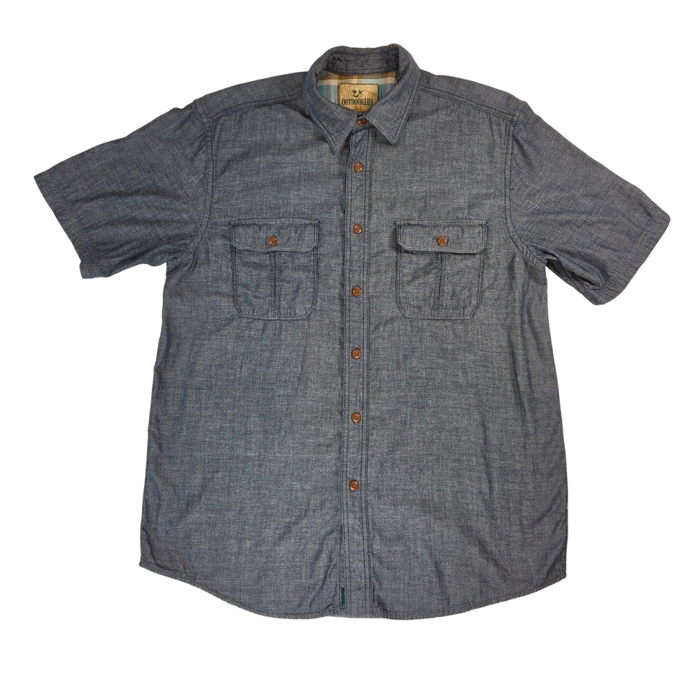 Outdoor Life Men Lined Dark Blue Button Down Collared Short Sleeve Shirt L - Picture 2 of 8